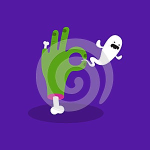 Halloween concept illustration: zombie hand holding a ghost