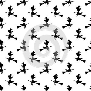 Halloween concept. Pattern black witch silhouette flying on broom on white background. Seamless pattern witch on