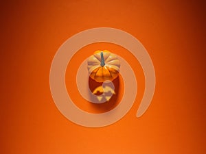 Halloween concept. Pumpkin with spooky Jack O lantern face shadow over orange colored background