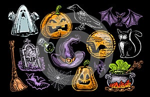 Halloween concept, set of colored stickers or badges. Festive decorations for holiday decoration. Vector illustration