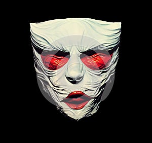 halloween concept. White scary paranormal mask. mummy demon creepy mask with red eyes and mouth