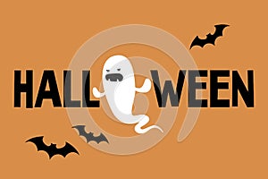 Halloween conceptual sign. Evil ghost and black bats