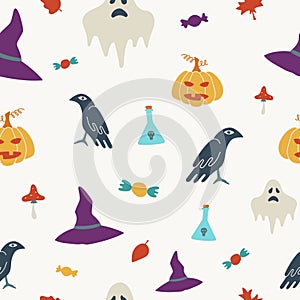 Halloween contemporary trendy vector illustrations seamless pattern. Hand drawn modern colorful elements background with