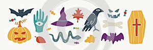 Halloween contemporary trendy vector illustrations set. Hand drawn modern colorful elements collection Bats, pumpkin
