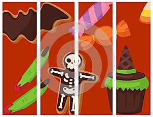 Halloween cookie food cards night cake party flayer trick or treat candies vector illustration.