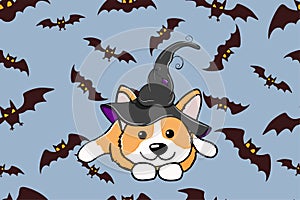 Halloween corgi puppy dressed as a witch wearing a hat Pet lovers theme vector cartoon illustration.