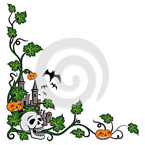 Halloween corner funny skull and pumpkins in cartoon style on white background.