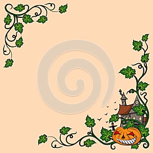 Halloween corners smiling pumpkin and house with a scarecrow