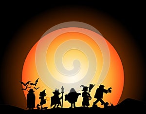 Halloween costumes silhouette on dark background with moon