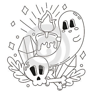 Halloween cozy coloring page with ghost character flying around magical healing crystals and candles for kids