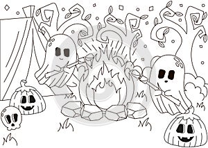 Halloween cozy outdoor activity, ghosts characters sitting around fire, camping coloring page for kids