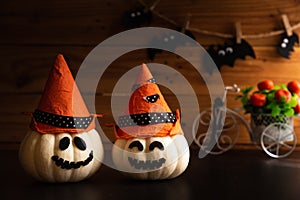 Halloween crafts, white pumpkin wearing witch hat