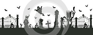 Halloween creepy border. Spooky cemetery silhouettes, halloween decoration with scary trees and gravestones flat vector