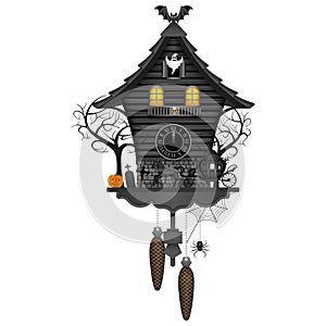 Halloween cuckoo clock with old carriage, pumpkin, trees, bat and ghost