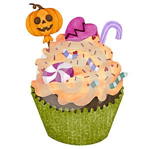 Halloween cupcake cartoon watercolor illustration