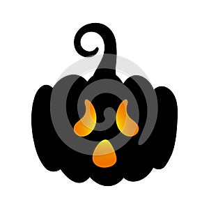 Halloween cute black pumpkin silhouette. Dark pumpkin with scary funny luminous face on white background for autumn