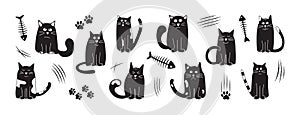 Halloween cute cats, cartoon black doodle animal vector icon, funny pet set, hand drawn silhouettes character. Fish skeleton and