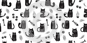 Halloween cute cats seamless pattern, cartoon black doodle animal vector background, funny pet print, hand drawn silhouettes