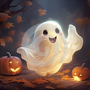 Halloween cute ghost and jack lantern pumpkin. Funny childish spirit design. Holiday treak or treat illustration