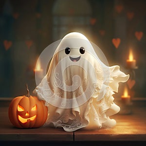 Halloween cute ghost and jack lantern pumpkin. Funny childish spirit design. Holiday treak or treat illustration