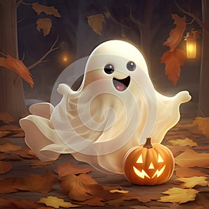 Halloween cute ghost and jack lantern pumpkin. Funny childish spirit design. Holiday treak or treat illustration