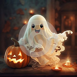 Halloween cute ghost and jack lantern pumpkin. Funny childish spirit design. Holiday treak or treat illustration