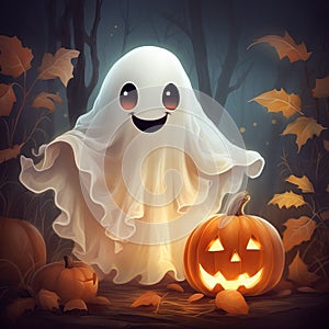 Halloween cute ghost with jack lantern pumpkin. Funny childish spirit design. Holiday treak or treat illustration