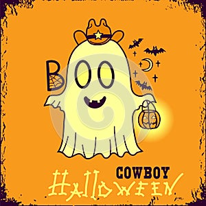 Halloween cute grost and pumpkin color illustration. Vector funny halloween card with cute ghost scares with Boo holiday text.