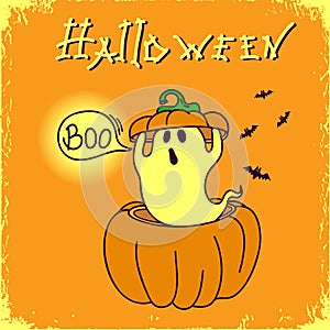 Halloween cute grost and pumpkin color illustration. Vector funny halloween card with cute ghost scares with Boo holiday text.