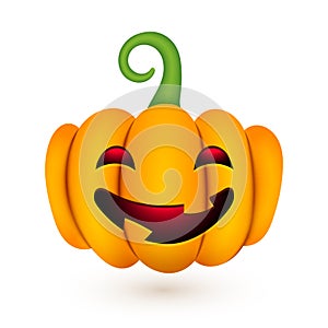 Halloween cute pumpkin. Realistic 3d pumpkin with scary smile funny face on white background for autumn holiday. Vector