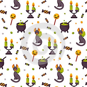 Halloween cute seamless pattern with a cat, pot with poison and chandelier. Children design for clothes, wrapping paper, textile,