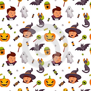 Halloween cute seamless pattern with a kids, cat, pumpkin and sweets. Children design for clothes, wrapping paper, textile, fabric