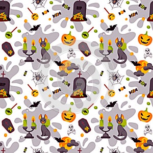 Halloween cute seamless pattern with a moon, bat, spider, cat, candles and grave. Children design for clothes, wrapping paper,