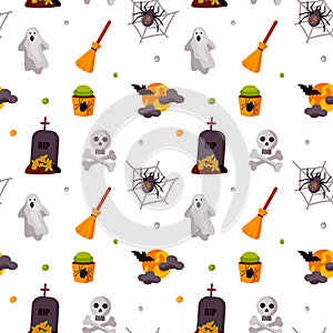 Halloween cute seamless pattern with a skull and crossbones, broom, ghost, moon, bat, spider and grave. Children design for