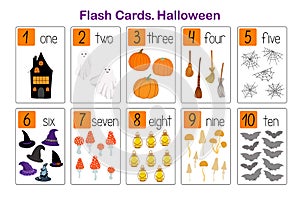 Halloween cute spooky holiday symbols number learning printable flash cards, educational English worksheet