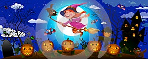 Halloween cute witch on a broom