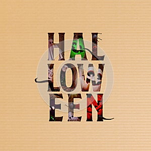 Halloween cutout paper art. Creative Halloween text on beige paper background.