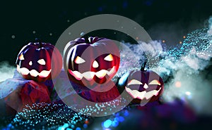 Halloween, cyber party, neon light. Three pumpkins on stones