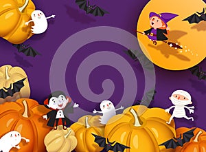 Halloween 3d papercut design, witch, ghoul, vampire, bat, pumpkin, mummy, ghost, moon