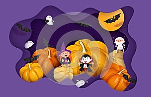 Halloween 3d papercut layered design. Witch, ghoul, vampire, bat, pumpkin, mummy