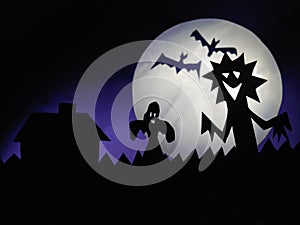 Halloween dark background with scary creatures, Ghost, bats, funny looking monster