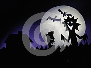 Halloween dark background with scary creatures, Ghosts, bats, police officer monster, full moon