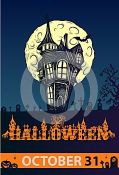 Halloween dark blue poster. pumpkins and cemetery