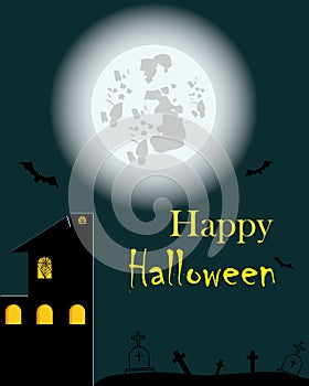 Halloween dark castle on blue Moon background,  illustration