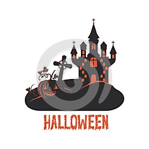 Halloween dark castle in cemetery scene icon