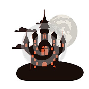 Halloween dark castle with moon night scene icon