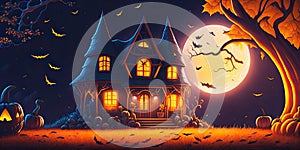 Halloween dark castle with night pumpkins background,Generative AI