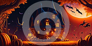 Halloween dark castle with night pumpkins background,Generative AI