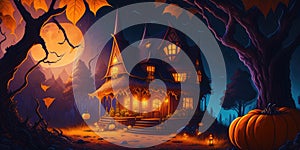 Halloween dark castle with night pumpkins background,Generative AI