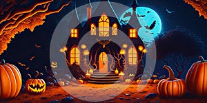 Halloween dark castle with night pumpkins background,Generative AI